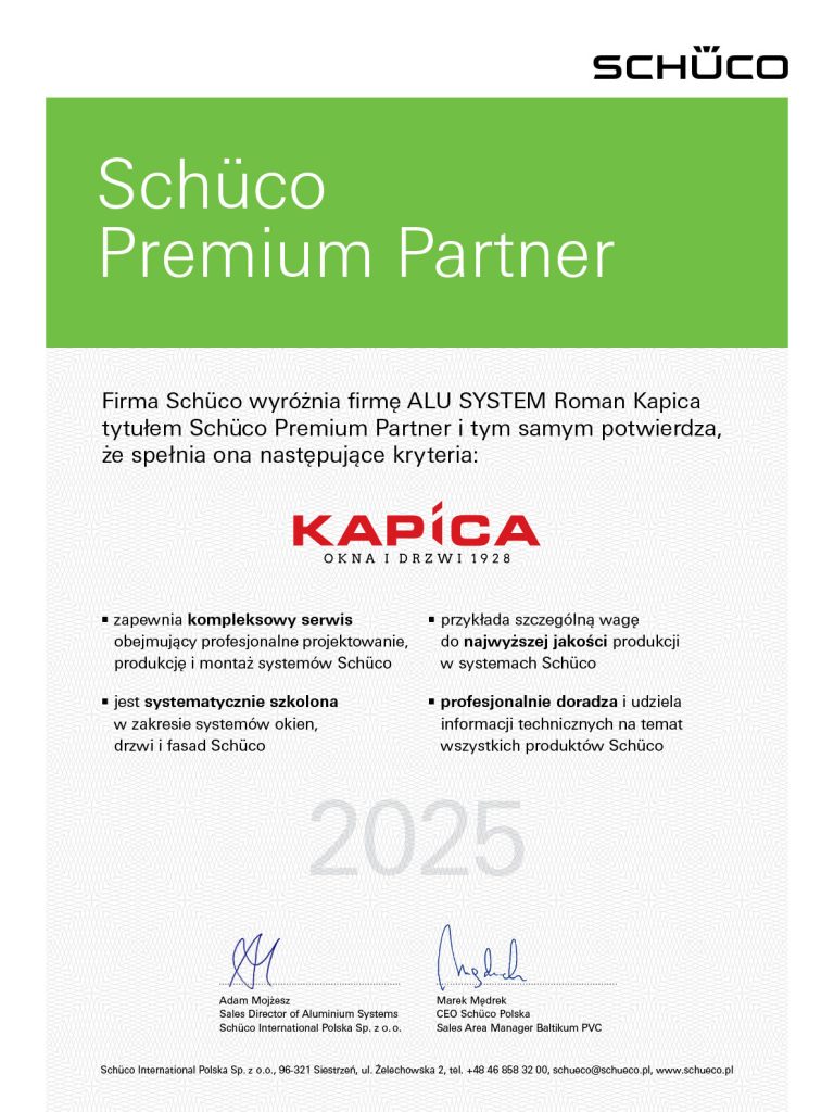 Certyfikat Schüco Premium Partner dla firmy Kapica Okna i Drzwi 1928 – potwierdzenie najwyższej jakości, innowacyjności i profesjonalizmu w produkcji aluminiowej stolarki okiennej i drzwiowej.