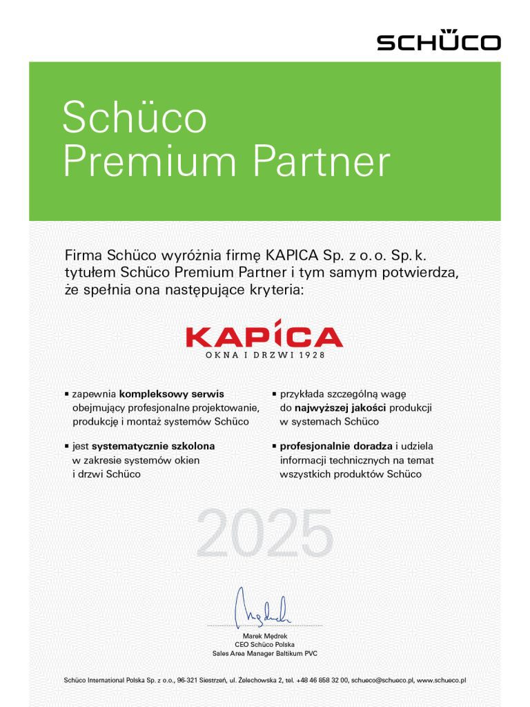 Certyfikat Schüco Premium Partner dla firmy Kapica Okna i Drzwi 1928 – potwierdzenie najwyższej jakości, innowacyjności i profesjonalizmu w produkcji PVC stolarki okiennej i drzwiowej.